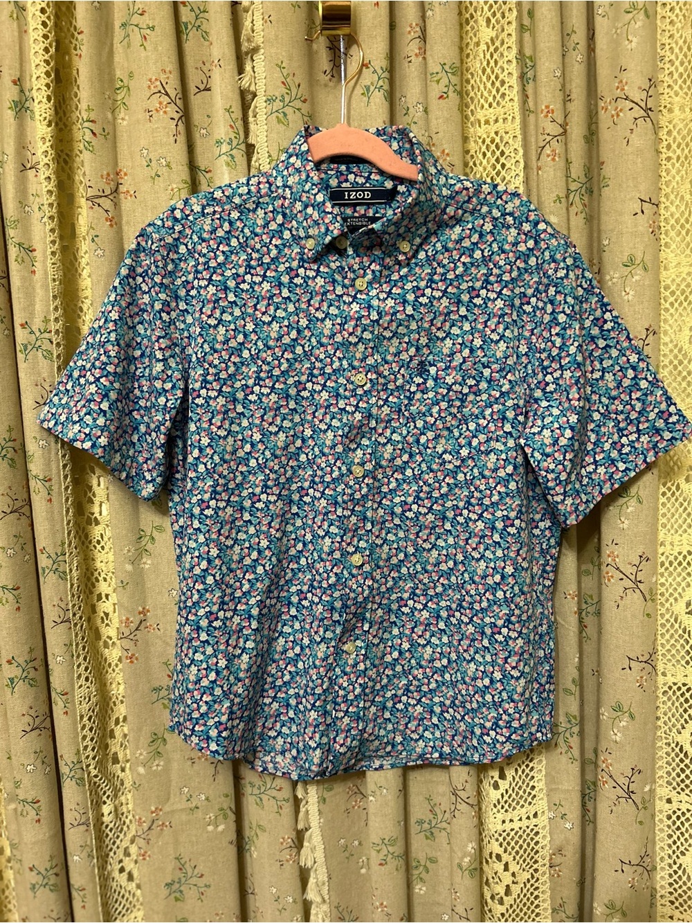 4/$25 IZOD Boys Blue Floral Stretch Button Down Shirt Size M 10-12